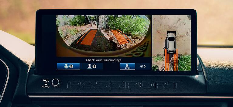 2026 Honda Passport TrailSport Elite infotainment screen displaying the surround view camera system (Mid-Size SUV).